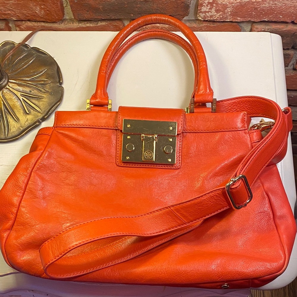 Tory Burch Bright Orange Leather Satchel with Top Handles and Strap